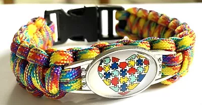 £3.99 • Buy AUTISM AWARENESS JIGSAWS HEART Charm On Rainbow Paracord Bracelet. 7.5 Inch