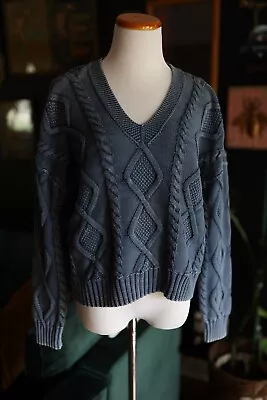 Lucky Brand Cable Knit  V Neck Women's Dark Denim Acid Wash Crop Boxy Sweater M • £38.60