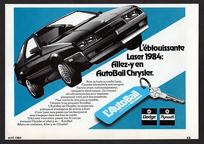 1984 CHRYSLER Laser Turbo Vintage Original SMALL Print AD AutoBail Black Art CA • $5.89