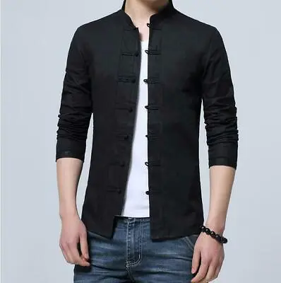 Mens Slim Fit Stand Collar Shirts Retro Casual Blouse Tunic Tops Long Sleeve  • $41.79