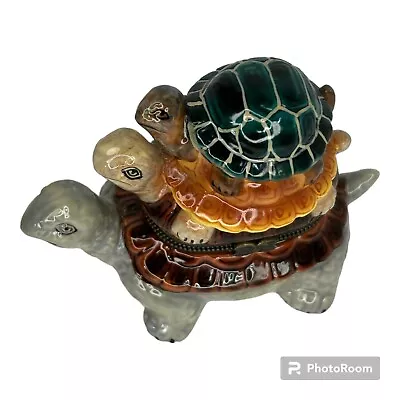 Porcelain Hinged Trinket Box Hand Painted Turtle Tortoise 3 Stacked Turtles • $13.59