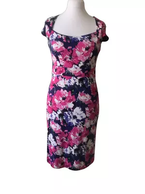 Laura Ashley Dress Pink & Purple Floral Pencil 12 Cap Sleeve Stretch Lined • $12.42