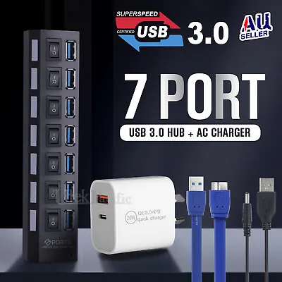 $28.99 • Buy 7 Ports USB 3.0 HUB Powered +High Speed Splitter Extender PC AC Cable Adapter
