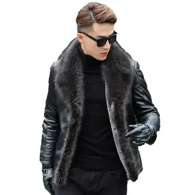 Mens Real Leather Fur Collar Jacket Thick Winter Fur Coat Single Breasted 6XL L • $189.59
