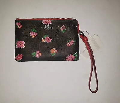 Nwt F57588 Coach Brown & Red Multi Floral Leather Corner Wristlet • $24.99