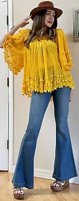 Boho Hippie Festival Marigold Yellow Sheer Gauze Angel Sleeve Mexican Top Tunic • $37.99