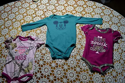 2 Mossy Oak Baby Girl Onesis Boots Bows  Camo Clothes 18 Mths + 1 Disney 24 Mths • $9.95