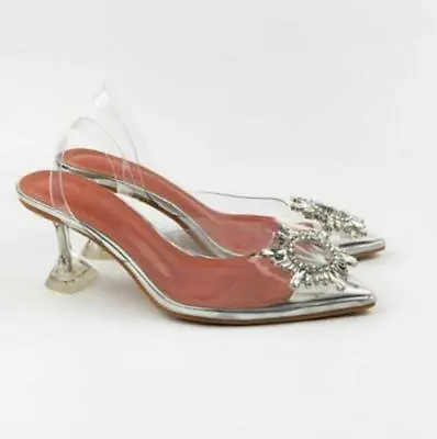 £53.50 • Buy Womens Sexy Transparent Rhinestones Pointy Toe Flat Heel Slingbacks Buckle Shoes