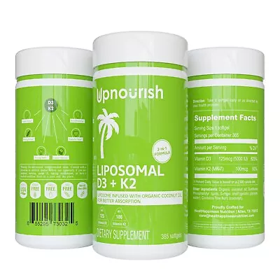 $20.45 • Buy Liposomal Vitamin D3 5000 IU K2MK7 100 Mcg Vit D & K Supplement 365 Softgels NEW