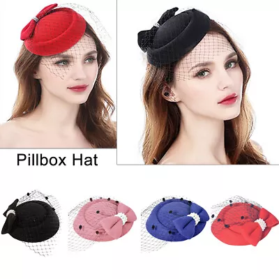 1Pc 5.91 Inch Vintage Women 's Cotton Pillbox Hat With Bow Veil And Hair Clip • $9.69