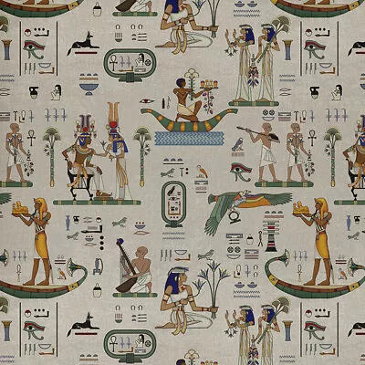 Cotton Rich Linen Look Fabric Digital Ancient Egypt Pharoh Hieroglyph 140cm Wide • £16