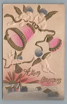 Airbrushed Embossed Angels Ringing Bells A Merry CHRISTMAS Vintage Postcard • $4.99