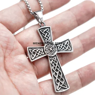 MENDEL Mens Stainless Steel Irish Celtic Knot Cross Pendant Necklace For Men • $12.99