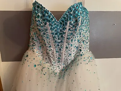 Beautiful MoriLee Prom Pageant Dress Size 6 White Turquoise Sparkles Princess • $165