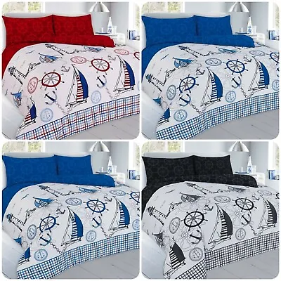 Blue Red Boats Sailor Nautical Duvet Quilt Cover And Pillowcase Bedding Sets • £12.95