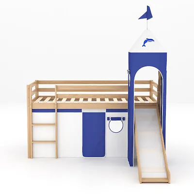 Kids Low Loft Bed Midsleeper Bed Frame Castle & Tent Sliding Playhouse Bedstead • £309.95