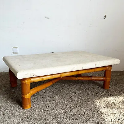 Boho Chic Bamboo Rattan And Tessellated Stone Top Coffee Table • $1295