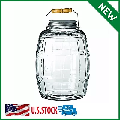 Glass Barrel Jar With Lid Vintage Pickle Canister Large Handle Clear 2.5 Gallon • $58.93