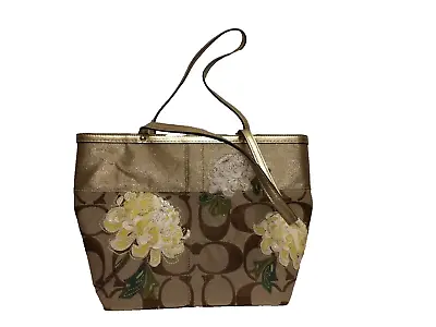 COACH SIGNATURE Floral Yellow Applique Khaki Tote Handbag LIMITED EDITION • $59.99