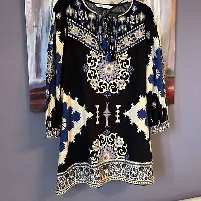 ZARA Sz M Embroidered/Printed Mini Ethnic Boho Tunic Dress Blue White💖 • $43.99