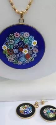 VTG MILLEFIORI Murano Italy Floral Art Glass Pendant Necklace Earring Set Demi  • $52.87