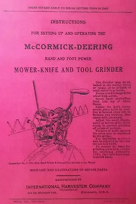 McCormick Deering Sickle Mower Knife Sharpening Grinder Owner & Parts Manual • $58.99
