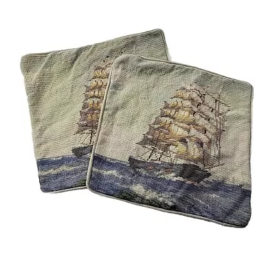 (SET Of 2) Vintage Needlepoint Nautical Pillow Cover Case Sailing Ship 13 X 13 • $35