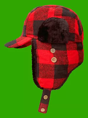 Elmer Fudd Hat Ear-Flaps Red-Black Wool Buffalo Plaid Check SMALL • $21.99