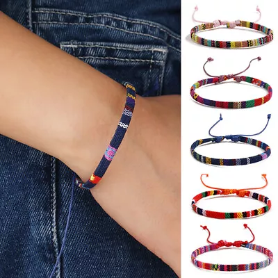 2Pcs Colorful Bohemian Cotton Linen Woven Bracelet Women Men Bracelet Chain Gift • £3.23