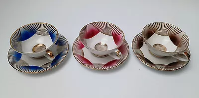 GKC Bavaria Tea Cup And Saucer Set Of 3 White Gold Blue Brown Pink Vintage • $85