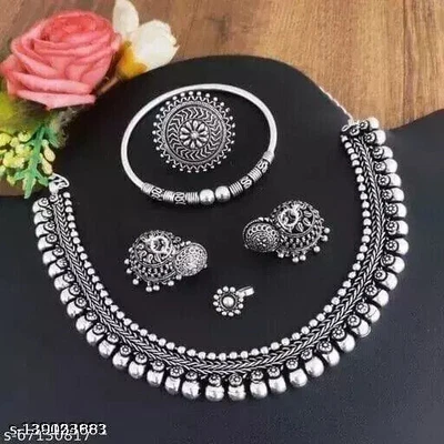 $52.55 • Buy Indian Vintage Ethnic German Oxidized Silver Boho Collar Necklace Earrings