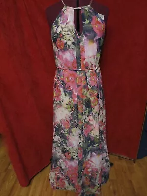 Maggy London Dress Size 4 Vibrant Floral Abstract Sleeveless Maxi Halter Styled • $45