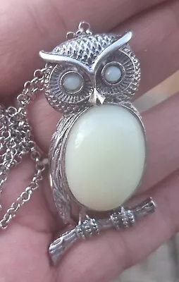 Silver Vaseline Uranium Glass Pendant Necklace Custard Opalescent Owl • $16.50