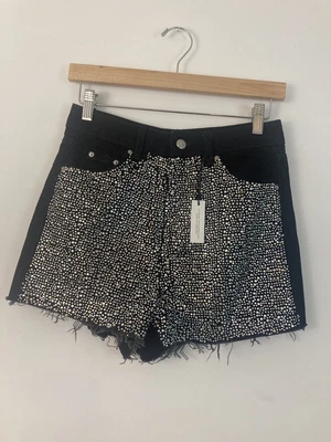 £33.86 • Buy Topshop Shorts 8 Moto Mom High Waisted Jean Black Raw Hem Bling Embellishment 