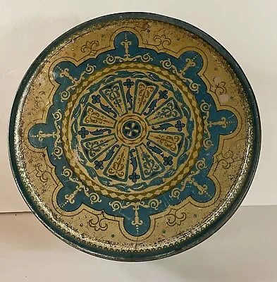 Vintage Nabisco Tin 1918 Round With Lid Art Deco Blue And Gold Geometric Pattern • $25