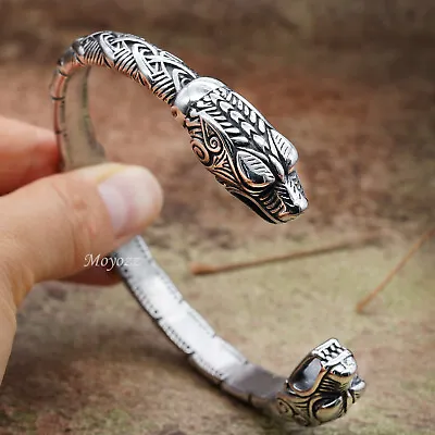 Stainless Steel Mens Norse Viking Fenrir Snake Head Cuff Bangle Bracelet For Men • $16.99