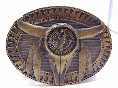 Vintage Southwest Belt Buckle Montana Silversmiths Skull Head Horns Feathers • $69.99