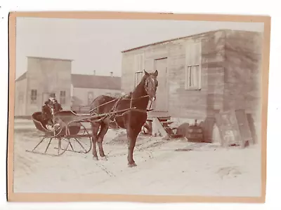 CIRCA 1900s CABINET CARD MAN ON HORSE-DRAWN SLED OUTSIDE SMALL TOWN UNMARKED • $99.99