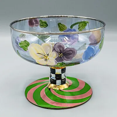 Mackenzie Childs Flower Market Glass Footed Compote 5 3/8  H Hand Painted Silver • $85