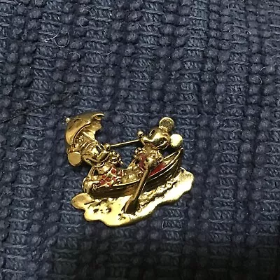 Retired Disney Napier Mickey Mouse&Minnie Mouse In Row Boat Brooch~Gold Tone Pin • $49