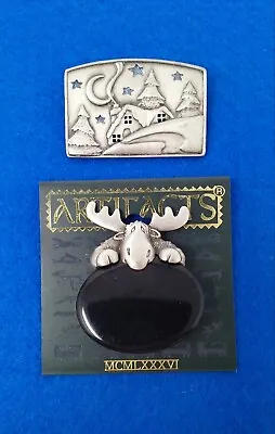 Lot Of 2 JJ Jonette Pewter Brooch Pins: Moose With Black Stone & Winter Cottage • $12