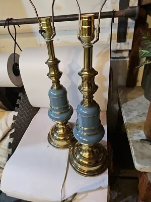 MATCHING PAIR Stiffel Brass Mid-century Table Lamps Blue Enamel 30  • $182