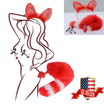 3Pcs Set Red Fox Butt Tail Soft Cat Ears Breast Clip Cosplay Female Roleplay • $14.89