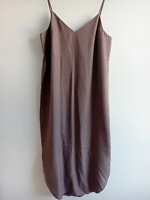 COS Mulberry Silk Slip Midi Dress Taupe Brown Straps Slits V Neck 38 12 M • £45