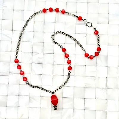 Red Plastic Beaded Chain Pendant Necklace Silver Tone The Vintage Strand #3238 • $10.19