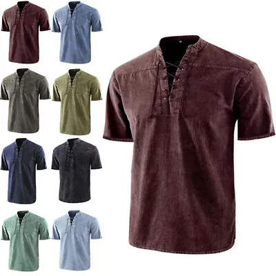 Mens V Neck Short Sleeve Plain Muscle Shirts Tops Casual Lace Up T Shirt Blouse • £13.89