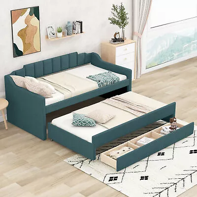 Modern Twin Size Linen Upholstered Daybed Sofa Bed W/ Trundle And Drawers Green • $479.99