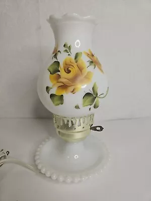 Vintage Milk Glass Lamp Yellow Roses Handpainted Ruffled Hobnail Tested  • $27