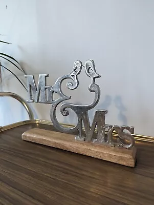 Mr And Mrs Aluminium Sign On Wooden Base Rustic Table Decor • £15