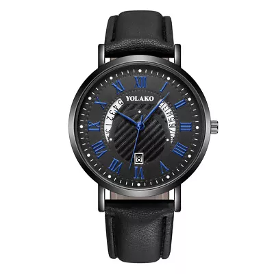 Men's Wrist Watch With Date Black Leather Strap Classic Roman Numeral Dial • £5.99